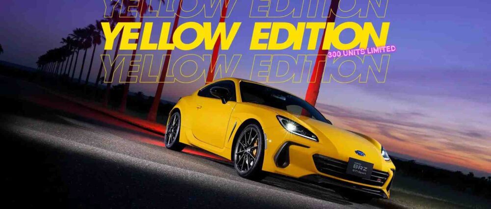 Subaru BRZ STI Sport Yellow Edition ön ızgara ve siyah Subaru logosu yakın çekim