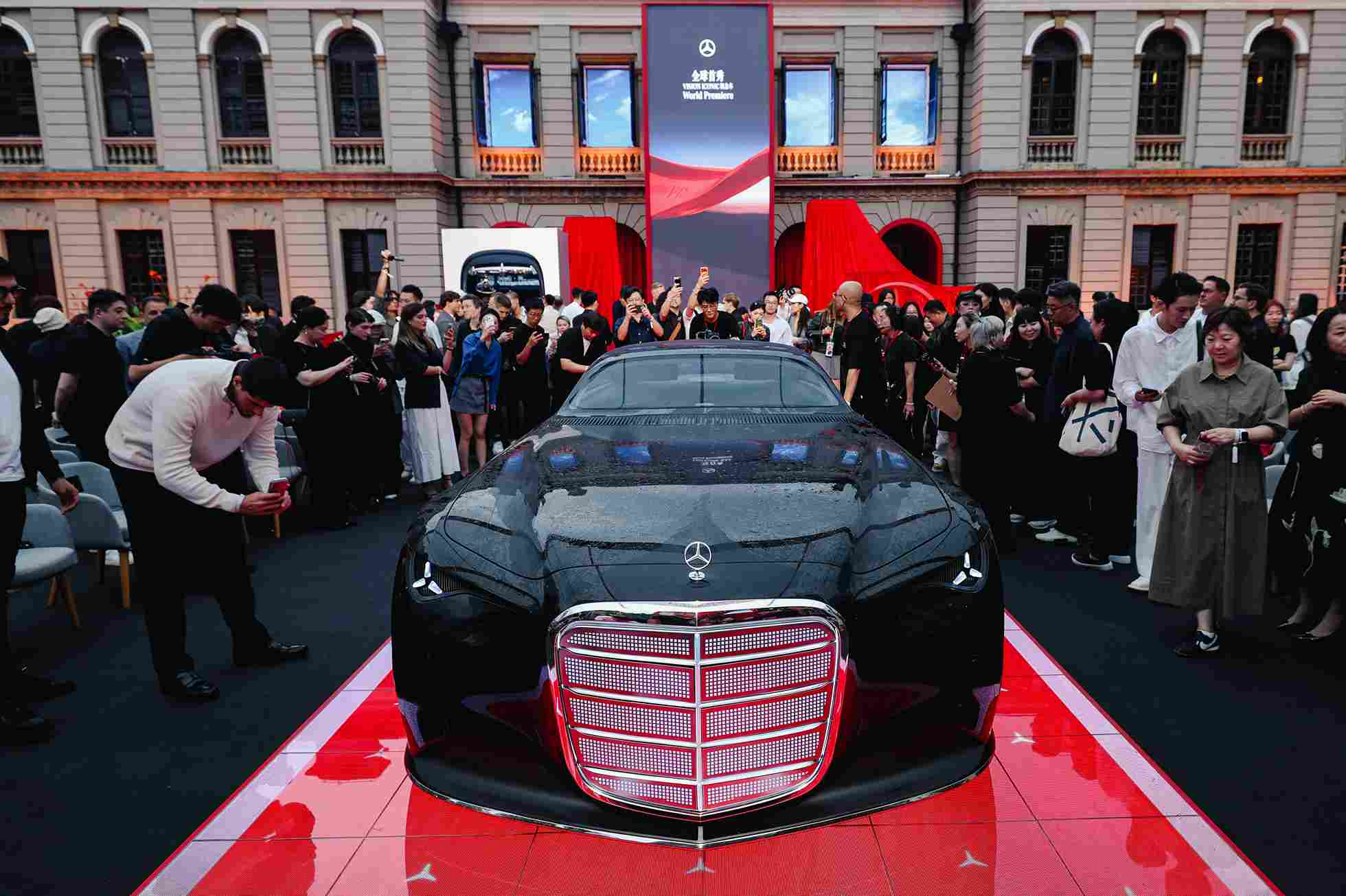 Luxurious interior of Mercedes Vision Iconic features velvet seats and straw marquetry